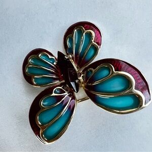 Vintage Enamel Butterfly Brooch with Red and Teal Accents w/Red Stone Gold Tone